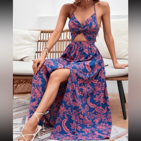 Boho Floral Print Slit Twisted Cut Out Front Tie Back Bow Halter Maxi Dress - Picture 6 of 12